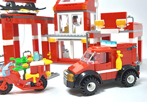 Modbrix Estación de bomberos con bloques de construcción, gran City bomberos, guardia con carro de escalera, carro guía de uso y helicóptero de bomberos