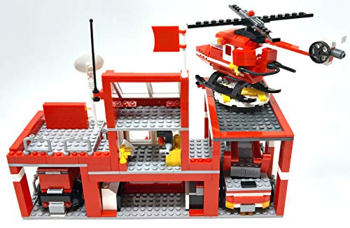 Modbrix Estación de bomberos con bloques de construcción, gran City bomberos, guardia con carro de escalera, carro guía de uso y helicóptero de bomberos