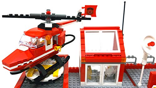 Modbrix Estación de bomberos con bloques de construcción, gran City bomberos, guardia con carro de escalera, carro guía de uso y helicóptero de bomberos