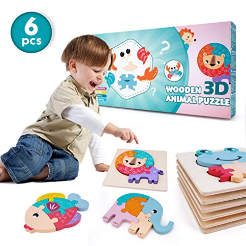 MOIMOINS Puzzles de Madera Educativos Juguetes Bebes Juguete para Niños y Niñas Pequeños Puzzles 6 Piezas Educativos de Animales Montessori para Bebes 2 3 años Regalo Cumpleaños MM-P-06