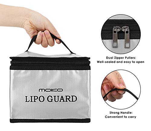 MoKo LIPO Bolsa de Seguridad Batería a Prueba de Explosiones, Bolsa Resistente al Fuego Impermeable de PVA para Carga de la Batería con Cremallera y Correa de Mano - Plata