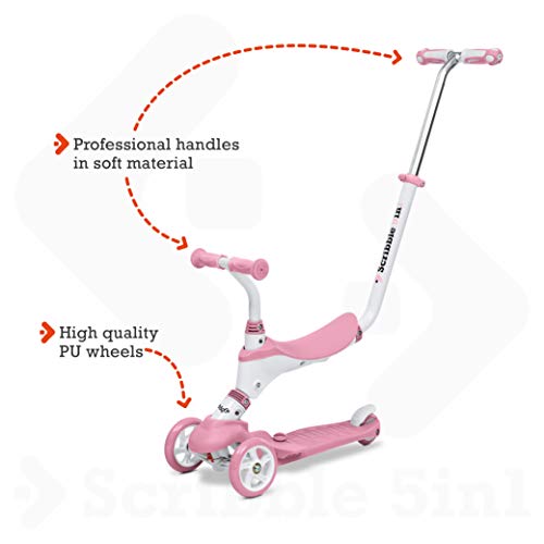 Mondo On&Go – Patinete para niños 5 en 1 – Patinete con Asiento, Pedales de Goma Suave y Grande Scooter de 3 Ruedas para niños – Edad de 1 a 5 años | MAX 50 kg – Color Rosa – 28575