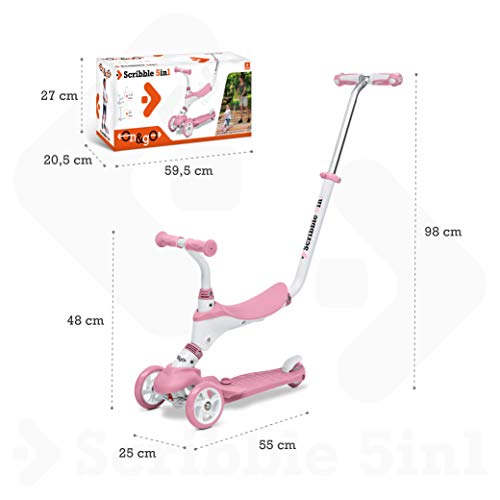 Mondo On&Go – Patinete para niños 5 en 1 – Patinete con Asiento, Pedales de Goma Suave y Grande Scooter de 3 Ruedas para niños – Edad de 1 a 5 años | MAX 50 kg – Color Rosa – 28575