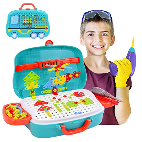 Montessori Juguetes Mosaicos Bloques Puzzle 3D Juegos De Construccion con Taladros El¨¦ctrico Juguete Maletin Herramientas con Ruedas Rompecabezas Manualidades Regalos para Ni?os 3 4 5 6 A?os