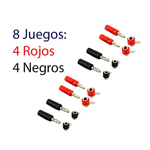 Movilideas - 8 Juegos Conectores Tipo Banana 8 Conectores Macho y 8 Conectores Hembra 4mm Rojo y Negro