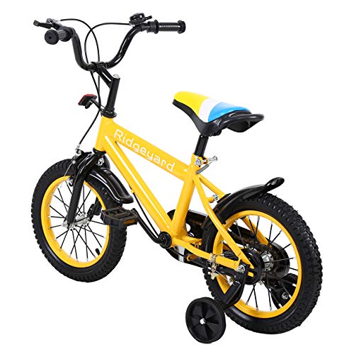 MuGuang 14 Pulgadas Bicicleta Infantil Estudio Aprendizaje Montar a Caballo Bicicleta niños niñas Bicicleta con ruedines con Campana por 3-8 años (Amarillo)