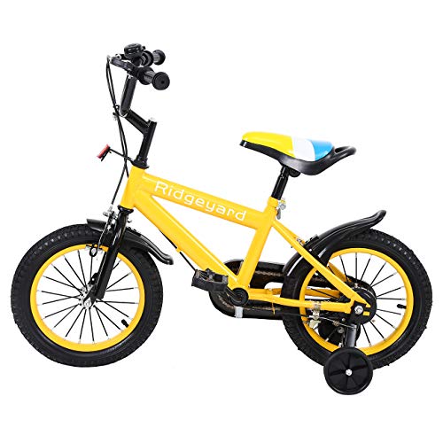 MuGuang 14 Pulgadas Bicicleta Infantil Estudio Aprendizaje Montar a Caballo Bicicleta niños niñas Bicicleta con ruedines con Campana por 3-8 años (Amarillo)