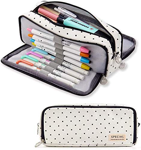 Multifuncional Estuche de Lápices, HOMEK Estuche Escolar Gran Capacidad Bolsa de Lápiz Organizador de Papelería con Cremallera para Niños Niña Estudiantes, 21x5x8,5cm Punto Negro