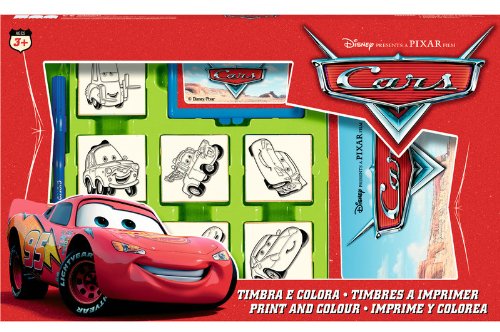 Multiprint Valija 7 Sellos para Niños Disney Cars, 100% Made in Italy, Set Sellos Niños Persolanizados, en Madera y Caucho Natural, Tinta Lavable no Tóxica, Idea de Regalo, Art.07823