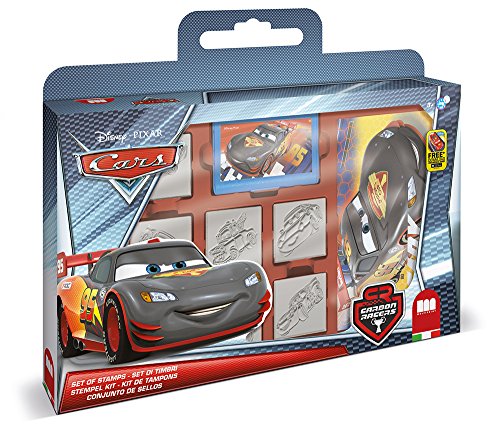 Multiprint Valija 7 Sellos para Niños Disney Cars, 100% Made in Italy, Set Sellos Niños Persolanizados, en Madera y Caucho Natural, Tinta Lavable no Tóxica, Idea de Regalo, Art.07823