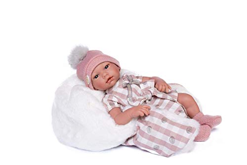 Muñecas Guca- MUÑECA Lara 38 CM Pelele Rosa con Lunares Grises Y GORRITO con Manta Pelo Blanco, Multicolor (908)