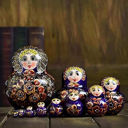 Muñecas Matrioska 10pcs Muñecas de madera de madera hecha a mano Rusia, figurillas de la natividad de Matryoshka, escena linda del gerente de interior para la exhibición del hogar Regalo de decoración