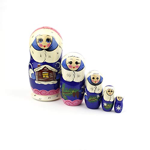 Muñecas Rusas, 5 Matrioskas de Estilo Chica de la Nieve | Muñeca Babushka de Madera, Diseño de Chica con Abrigo de Piel Azul, Hecha a Mano en Rusia | Chica de la Nieve, 5 Piezas, 16 cm