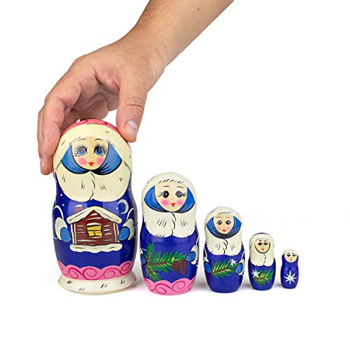 Muñecas Rusas, 5 Matrioskas de Estilo Chica de la Nieve | Muñeca Babushka de Madera, Diseño de Chica con Abrigo de Piel Azul, Hecha a Mano en Rusia | Chica de la Nieve, 5 Piezas, 16 cm