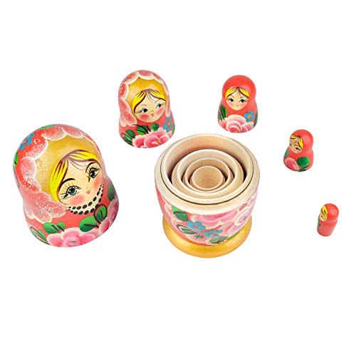 Muñecas Rusas, 5 Matrioskas de Estilo Rosas | Muñeca Babushka de Madera, Diseño Rosas Color Rosa, Hecha a Mano en Rusia | Rosas, 5 Piezas, 18 cm