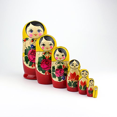 Muñecas Rusas, 7 Matrioskas Amarillas de Estilo Semiónov Clásico | Muñeca Babushka de Madera Hecha a Mano en Rusia | Semiónov Amarillo, 7 Piezas, 18 cm