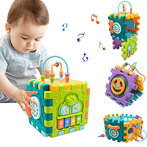 Música Cubo de Actividades para bebés, Cubo de Aprendizaje Multiusos con Laberinto de Cuentas 6 en 1, Juguetes Montessori Sensoriales Musicales Educativos Tempranos para Regalo de Bebé de 6 12 18 Mes