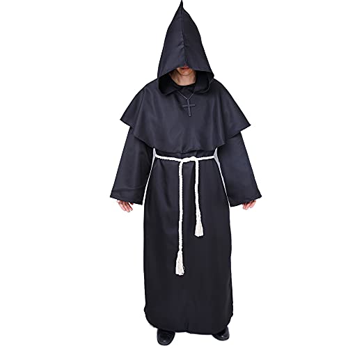 Myir JUN Disfraz de Monje Sacerdote Túnica Medieval Renacimiento Traje con Cruz para Halloween Carnaval (Negro, XL)