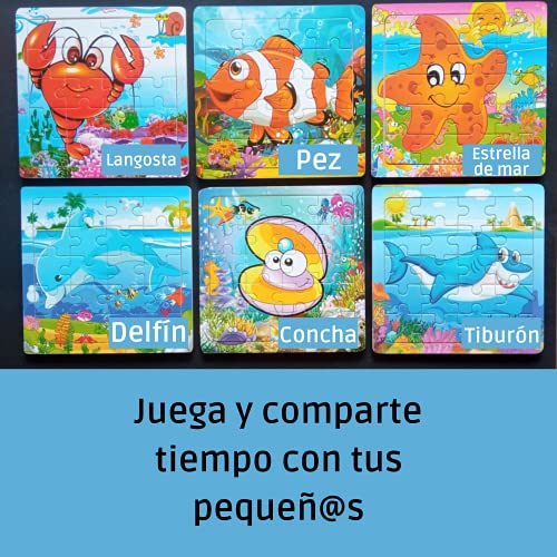 N Naturly Rompecabezas educativos para niños y niñas de Todas Las Edades | Puzzle con 6 Piezas de Madera de Animales Marinos para Aprender y fomentar la Capacidad cognitiva Juguete Educativo