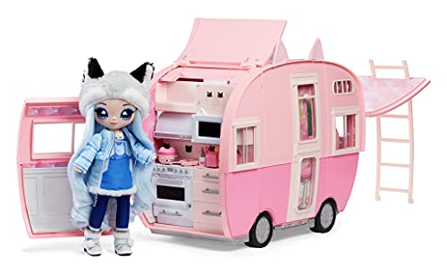 Na Na Na Surprise Caravana Kitty-Cat - Caravana rosa con orejas y cola de gato - 7 áreas de juego que incluyen cocina completa, hamaca y accesorios, coche de juguete para muñecas y más