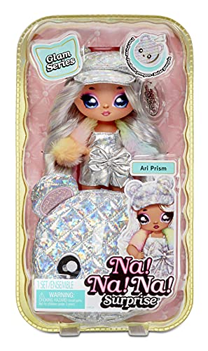 Na! Na! Na! Surprise moda 2 en 1 metálico Serie Glam-Coleccionable-Muñeca vestida de color plata prismática con gorra y bolso en forma de osito-Ari Prism, 575399C3