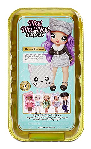 Na! Na! Na! Surprise Moda 2-en-1 Serie Glam-Coleccionable-Muñeca con pelo morado, vestido negro y plateado y bolso con forma de gato-Chrissy Diamond 575344C3