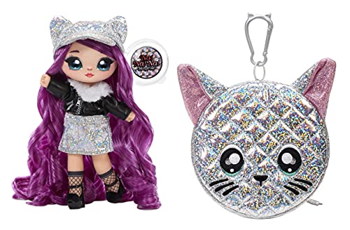 Na! Na! Na! Surprise Moda 2-en-1 Serie Glam-Coleccionable-Muñeca con pelo morado, vestido negro y plateado y bolso con forma de gato-Chrissy Diamond 575344C3