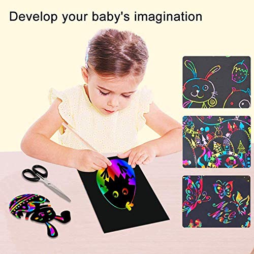 NALCY Scratch Art Paper, 50 Obras De Arte De Raspado De Arco Iris y Manualidades Infantiles Papel Rayado Negro, con 5 Estilográficas De Madera, 4 Reglas De Dibujo y 1 Sacapuntas