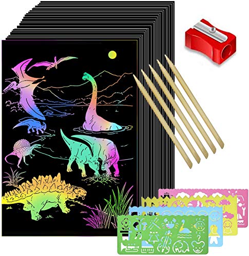 NALCY Scratch Art Paper, 50 Obras De Arte De Raspado De Arco Iris y Manualidades Infantiles Papel Rayado Negro, con 5 Estilográficas De Madera, 4 Reglas De Dibujo y 1 Sacapuntas