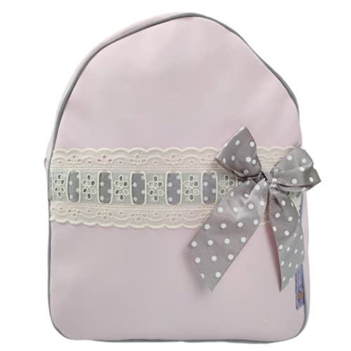 NENEL Mochila Infantil Personalizable de Polipiel - Mochila Bebé - Modelo Emma - Color Rosa/Gris - Medidas 11 x 24 x 30 cm - Personalizar Regalos - Handmade - Hecho en España