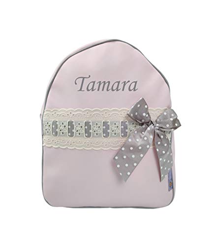 NENEL Mochila Infantil Personalizable de Polipiel - Mochila Bebé - Modelo Emma - Color Rosa/Gris - Medidas 11 x 24 x 30 cm - Personalizar Regalos - Handmade - Hecho en España