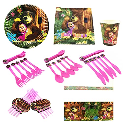 Nesloonp 81 Piezas Masha y el oso Tema Suministros Vajilla de Fiesta Set, Juego Vajilla Fiesta Cumpleaños Papel, Platos Mantel Servilletas Vajilla Cumpleaños Decoracion para Niños