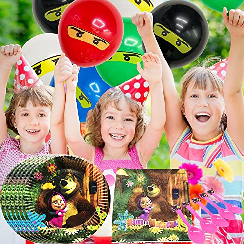 Nesloonp 81 Piezas Masha y el oso Tema Suministros Vajilla de Fiesta Set, Juego Vajilla Fiesta Cumpleaños Papel, Platos Mantel Servilletas Vajilla Cumpleaños Decoracion para Niños