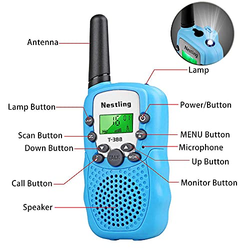 Nestling Walkie Talkie Niños Pantalla LCD de 8 Canales Linterna incorporada VOX 10 Tonos de Llamada Walkie Talkie Niñas Regalo de Juguete para niños (2pcs Azul)