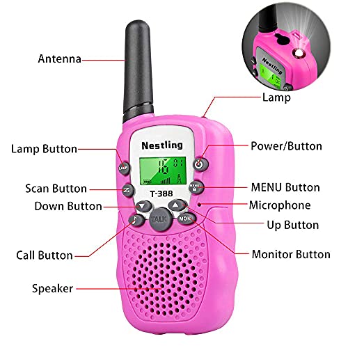 Nestling Walkie Talkie Niños Pantalla LCD de 8 Canales Linterna incorporada VOX 10 Tonos de Llamada Walkie Talkie Niñas Regalo de Juguete para niños (2pcs Rosa)