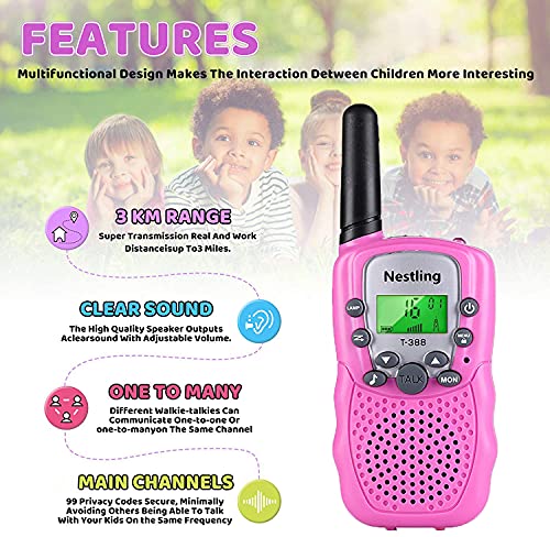 Nestling Walkie Talkie Niños Pantalla LCD de 8 Canales Linterna incorporada VOX 10 Tonos de Llamada Walkie Talkie Niñas Regalo de Juguete para niños (2pcs Rosa)