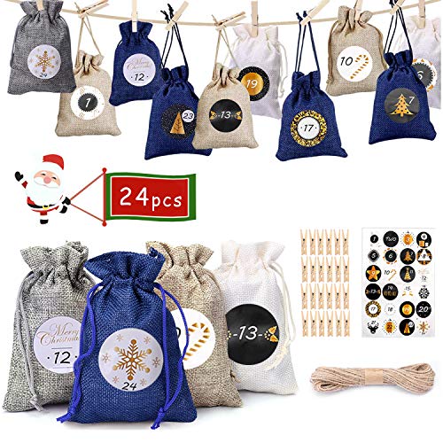 NewPI Adventskalender Zum Befüllen Kinder, Weihnachtskalender Zum Befüllen, Adventskalender Säckchen, Geschenksäckchen, Zahlen-Aufklebern 24 Pcs. (Azul)