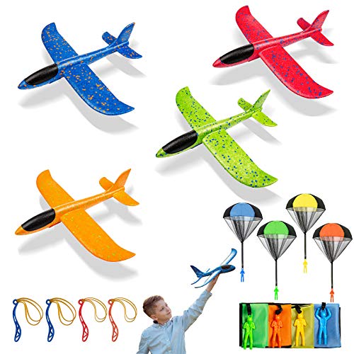 Niños Planos de Espuma, 4 PCS Avión Planeador + 4 PCS Juguete de Paracaídas, Juguete Paracaídas Set， Espuma Aviones Deportes Al Aire Libre Volar Jugueter Avión Planeador para Juguete Infantil o Regalo