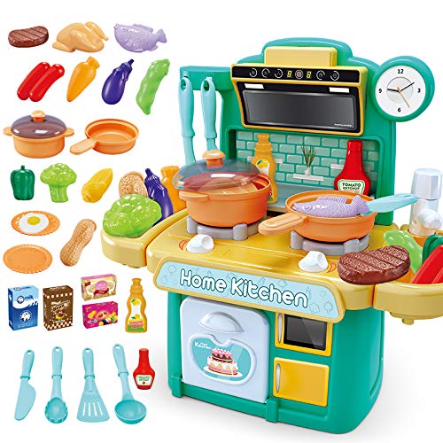 NIWWIN Niños Chef Cocina en Miniatura Cocina Juego de Juego de plástico 26 Accesorios con encimera Juguete Comida, Agua, luz y Sonido Juguete de simulación Divertido (Verde)