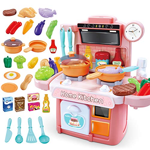 NIWWIN Niños Chef Cocina en Miniatura Cocina Juego de Juego de plástico 26 Accesorios con encimera Juguete Comida, Agua, luz y Sonido Juguete de simulación Divertido (Rosa)