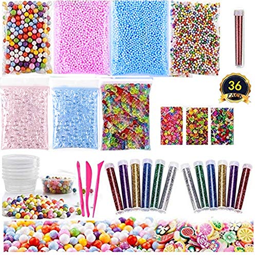 Novata Slime 36 Pack de Suministros para Bricolaje Manualidades, Incluye Espuma abalorio, Cuentas peceras, tarros de Glitter, rodajas de Frutas ect.para Hacer Arte DIY Craft