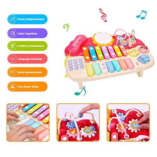 Nukdey Xilófono Instrumentos Musicales para Bebés|Teclado De Piano|Tambor con Cuentas De Teléfono Laberinto|Juguetes De Aprendizaje para Niños De 1 2 3 Añoslos Mejores Regalos Educativos (Rosado)