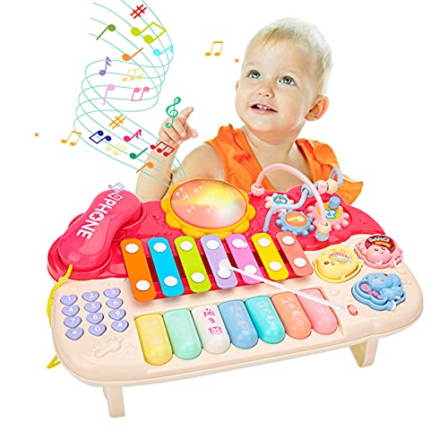 Nukdey Xilófono Instrumentos Musicales para Bebés|Teclado De Piano|Tambor con Cuentas De Teléfono Laberinto|Juguetes De Aprendizaje para Niños De 1 2 3 Añoslos Mejores Regalos Educativos (Rosado)