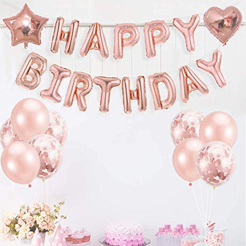 O-Kinee Rose Gold Birthday Party Decorations, Happy Birthday Banner, Rose Gold Balloon Kit for Girl Women Birthday Party Supplies