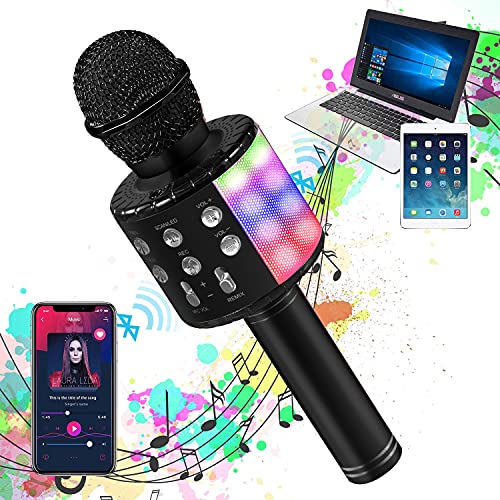 OALYGEI Microfono Inalámbrico Karaoke, Micrófono para Niños Portátil con Altavoz y LED, Micrófono Karaoke para Niños Canta Partido Musica, Compatible con Android/iOS/PC/AUX