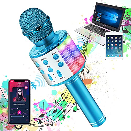 OALYGEI Microfono Inalámbrico Karaoke, Micrófono para Niños Portátil con Altavoz y LED, Micrófono Karaoke para Niños Canta Partido Musica, Compatible con Android/iOS/PC/AUX