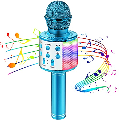 OALYGEI Microfono Inalámbrico Karaoke, Micrófono para Niños Portátil con Altavoz y LED, Micrófono Karaoke para Niños Canta Partido Musica, Compatible con Android/iOS/PC/AUX