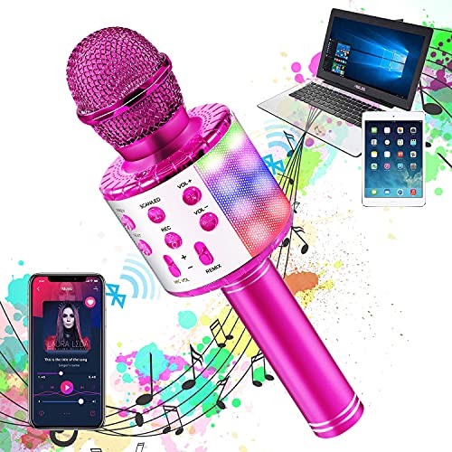 OALYGEI Microfono Inalámbrico Karaoke, Micrófono para Niños Portátil con Altavoz y LED, Micrófono Karaoke para Niños Canta Partido Musica, Compatible con Android/iOS/PC/AUX