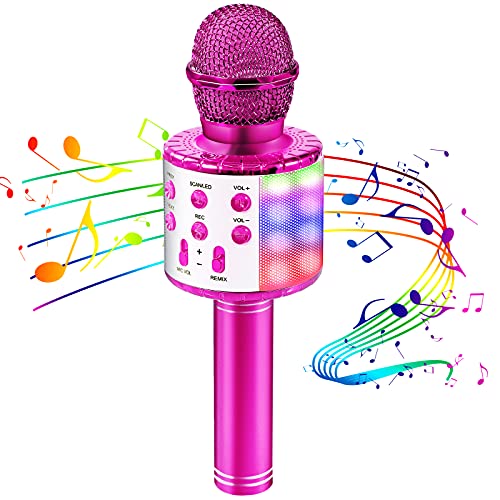 OALYGEI Microfono Inalámbrico Karaoke, Micrófono para Niños Portátil con Altavoz y LED, Micrófono Karaoke para Niños Canta Partido Musica, Compatible con Android/iOS/PC/AUX