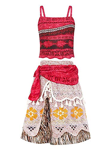 O.AMBW Disfraz de Moana Rojo Cosplay Princesa Vaiana Vestido Hawaiana Conjunto de 2 Piezas Top + Falda Disfraz con Accesorios Diadema Collar Mar y Tierra Traba Flor Regalo de cumpleaños para Niñas